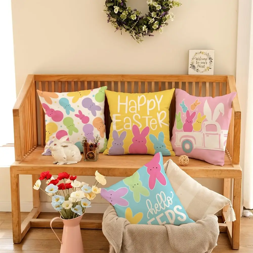 Easter Bunny Throw Pillow Covers Set 4 Pack Springtime Decor Happy Easter Cushions Rabbit Seasonal Accent Pillowcase