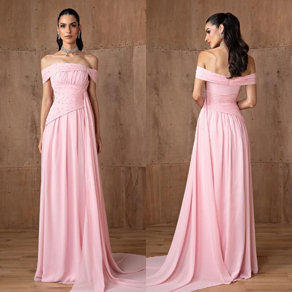 Customized Casual Chiffon Pleat A-line Off-the-shoulder Long Dresses Bespoke Occasion Dresses Classic Exquisite Modern Style Pas