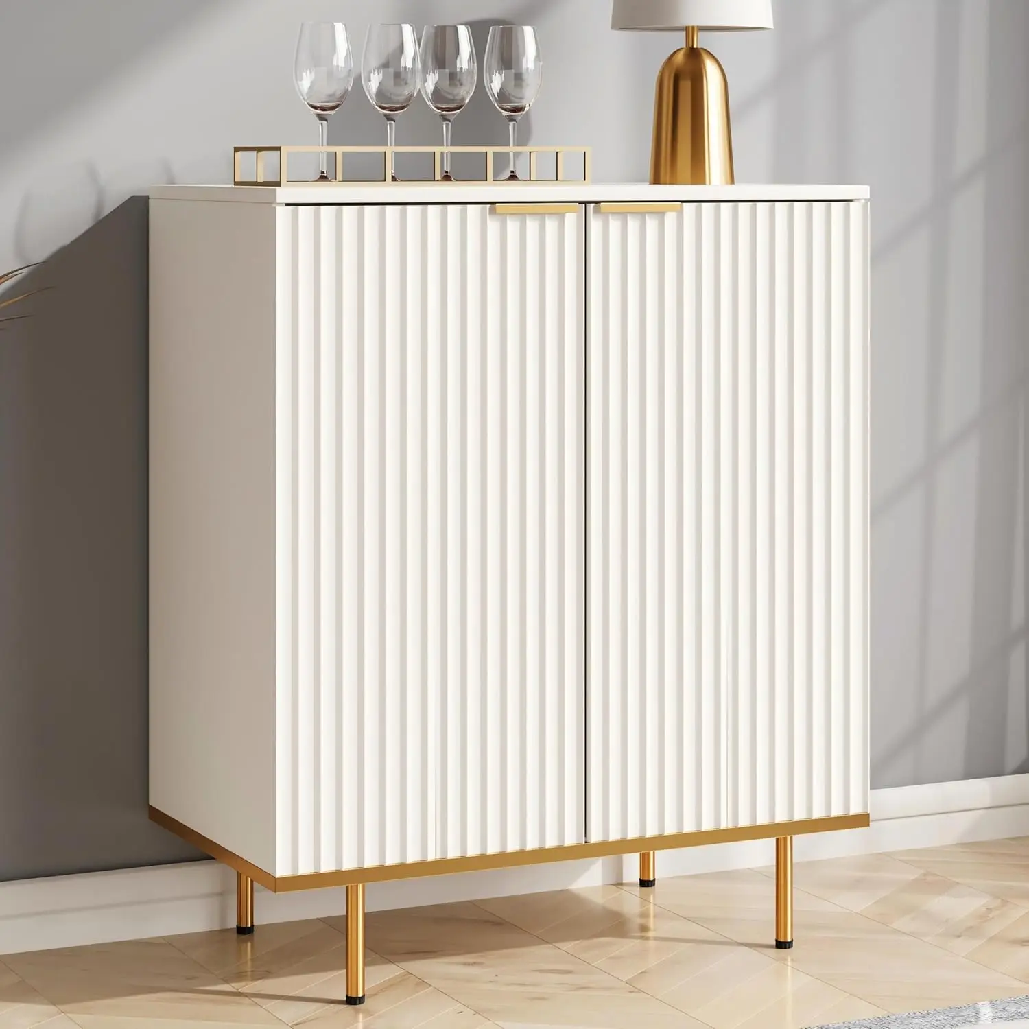 

Fluted Sideboard Cabinet, Buffets & Sideboards, 2 Door Design, Elegant White Sideboard - Acceent Cabinet Ideal for Dinin