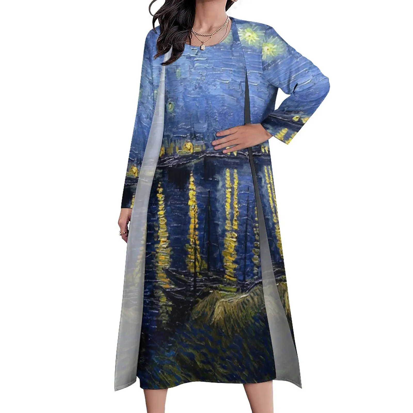 Vestido largo de noche estrellada para mujer, Vestido largo de Van Gogh Kawaii, estilo callejero, bohemio, para playa, ropa de gran tamaño personalizada