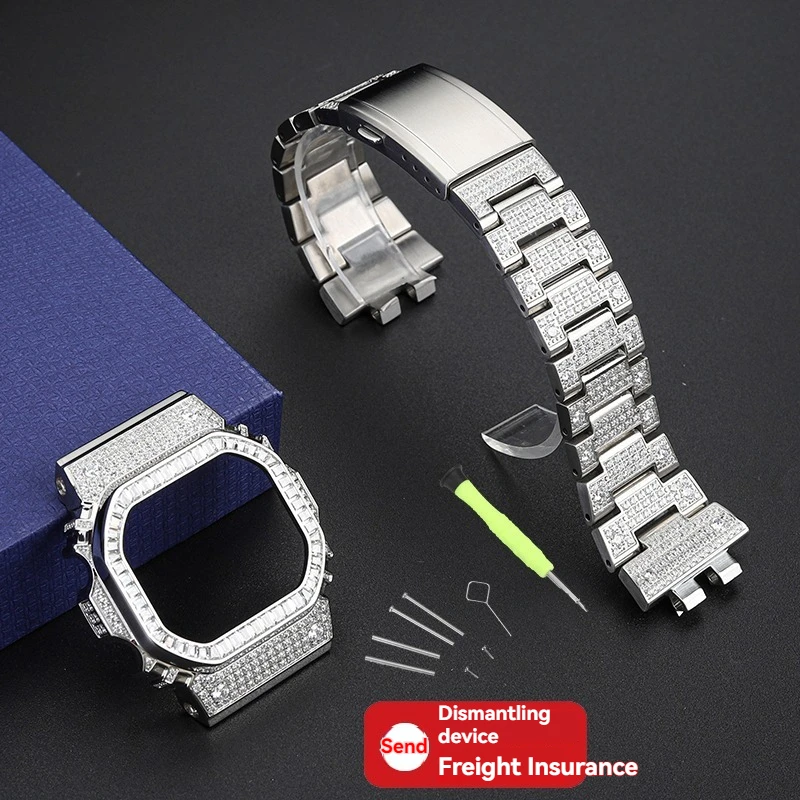 Rhinestone Diamond Inlaid Case Band Set Silver Metal Modification Parts For Casio G-Shock GMW-B5000 Square Watch Accessories