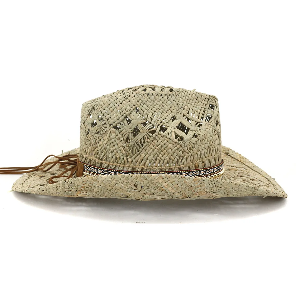 Natural Grass Handwoven Hollow Cowboy Straw Hat Rhinestone Chain Cowboy Hat for Woman Outdoor Vacation Beach Sun Hat for man