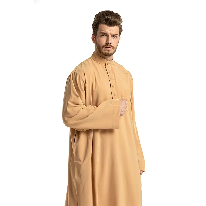 New Muslim Cloths Stand Collar Robe Men's Middle East Arabic Solid Color Long Sleeve Robe Suit Two-Piece Set