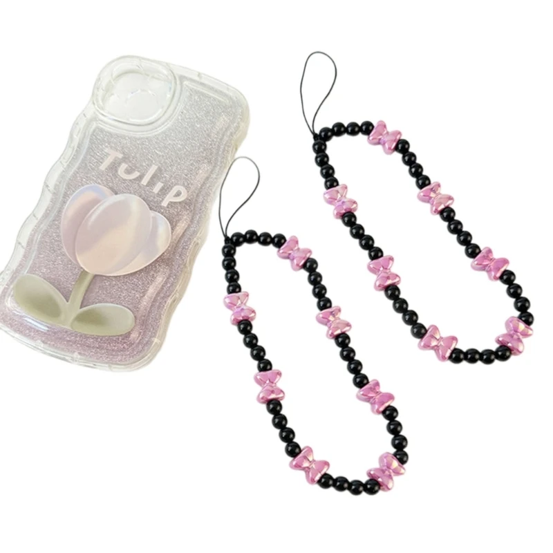 Elegant Beaded Phone Lanyard Wrist Strap with bows Charm Mobile Accessory Stylish Mobile Phones Chain for Women & Girls