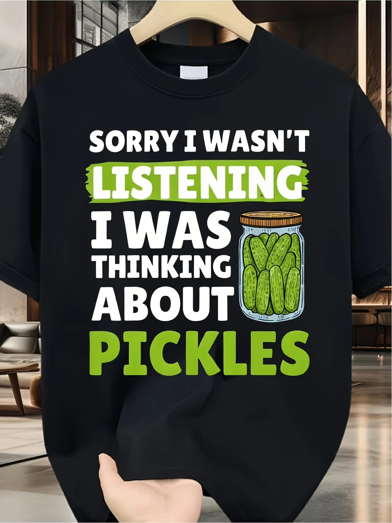 Funny Pickle Lover TShirt for Men for Man And Unisex Sorry I Wasn'T Listening I Was Thinking About Pickles Casual Street Style Oversized Fit Soft Fashionable Summer Tops Printed Design ComfoRetro casual short-sleeved T-shirt with a round neck and pr
