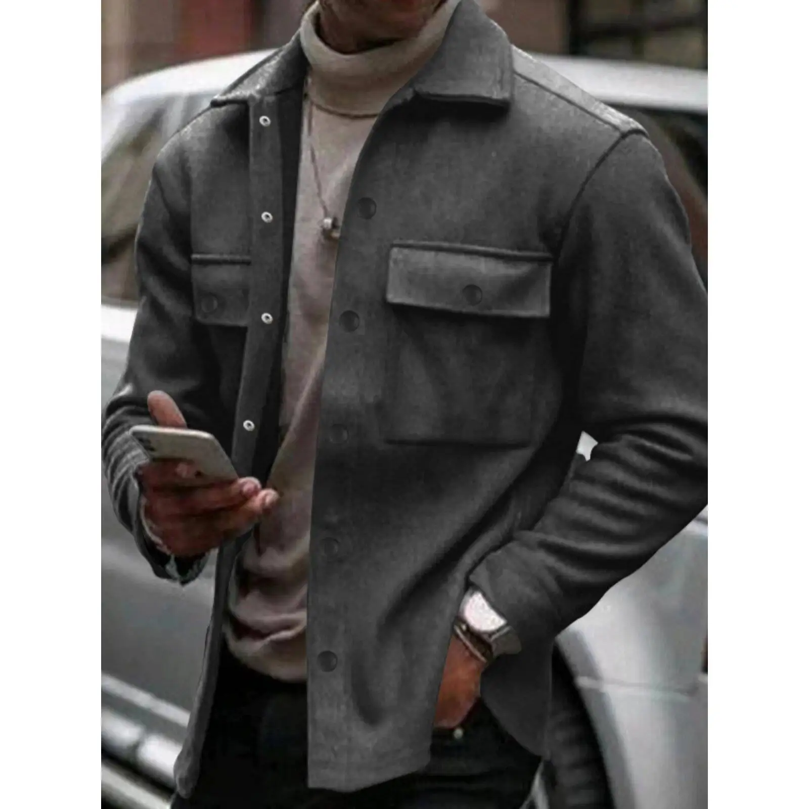 

Повседневная модная мужская куртка Slim Fit из искусственной кожи, осенняя новинка, с длинными рукавами, отложным воротником, множеством карманов, больших размеров, стандартной толщины.