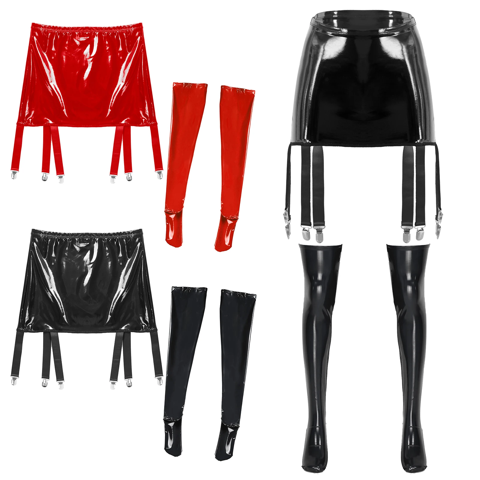 

Womens Wet Look Patent Leather High Waist Six Clips Garter Belt 1 Pair Footed Thigh High Stockings Lingerie Set