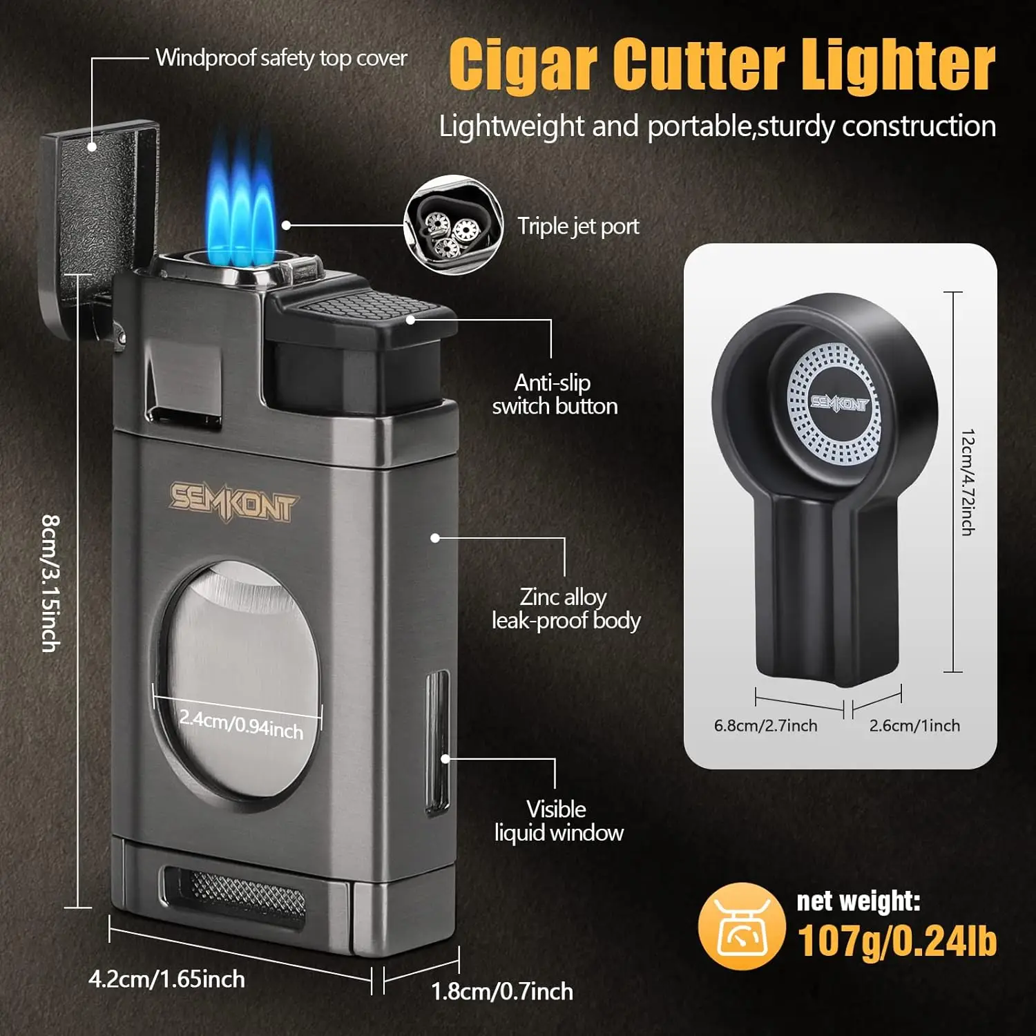 Cigar Lighter Triple Jet Flame Cigar Cutter Windproof Butane Refillable Torch Lighters 2 in 1 Multifunctional Ashtray Set