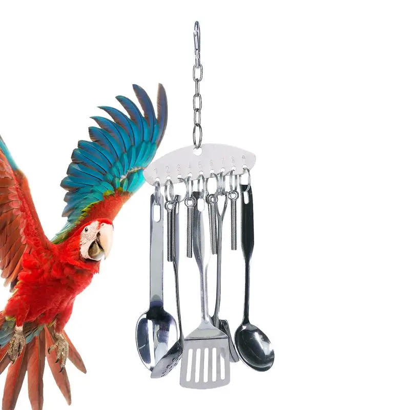 Cuchara de acero inoxidable para loros, juguete para pájaros, loros, palas para rotar, juguetes de escalada, accesorios para jaulas de pájaros, cuchara colgante, anillo de juguete