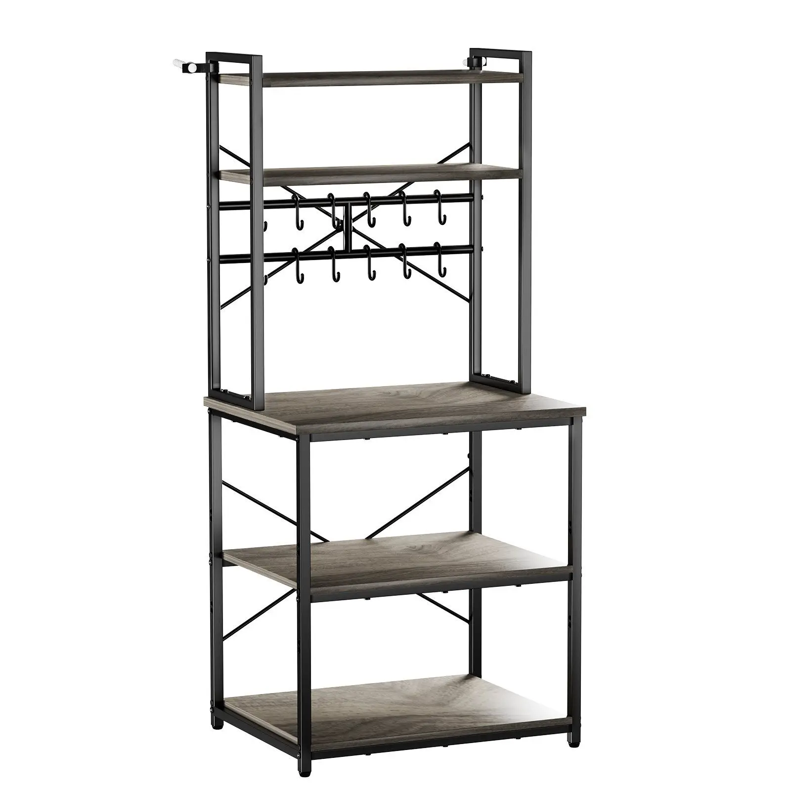 Kitchen Bakers Rack, 23.6 inch Width Bakers Rack, Kitchen Stand with X-Shaped Support Bar, 12 S-Shaped Hooks, Double-Layer Top Shelf, Coffee Bar Stand for Dishes & Bowls, Spice Bottles