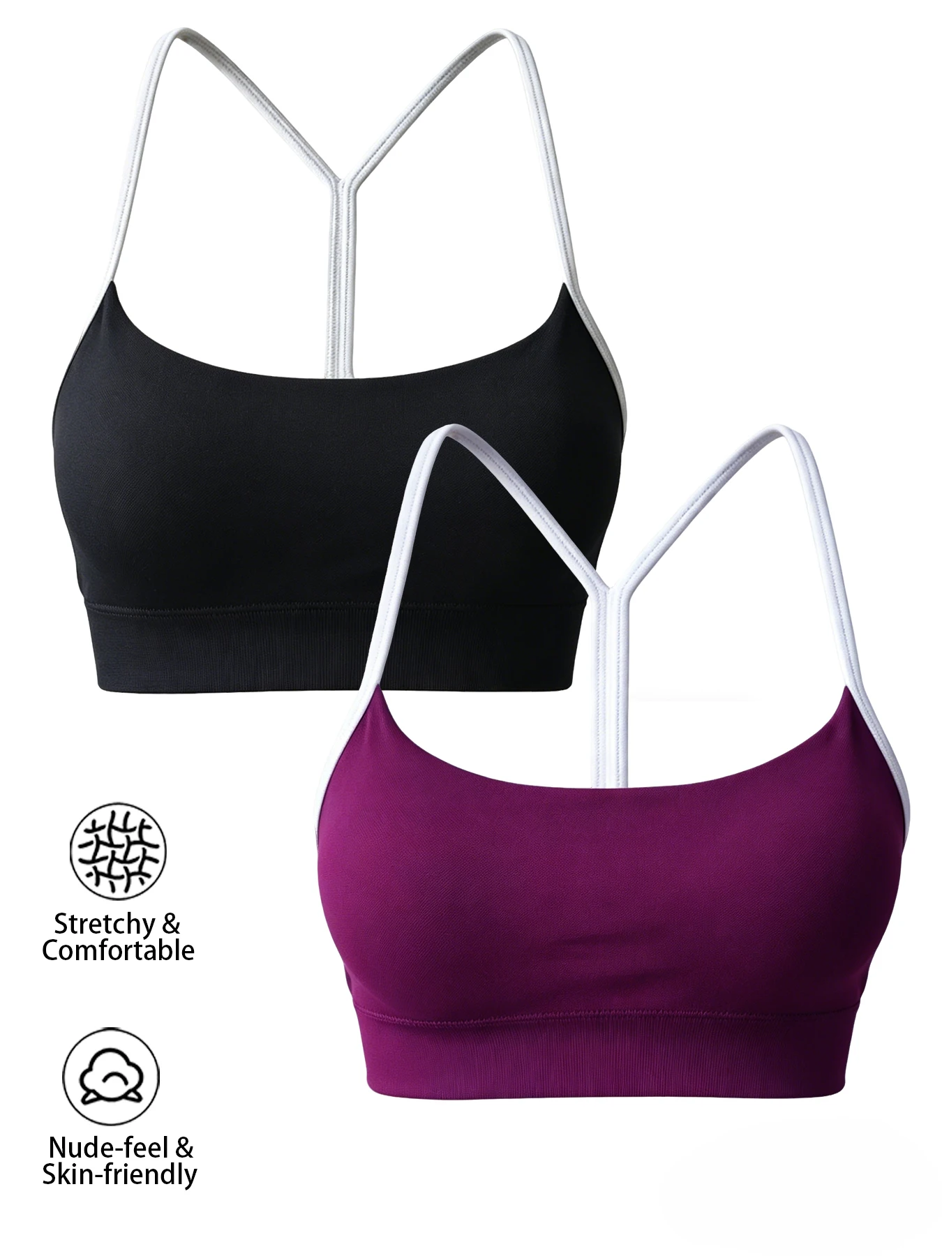 Women's Black White Trim Thin Strap Sports Bra Seamless Scoop Neck Workout Crop Top Gym Yoga Fitness Activewear