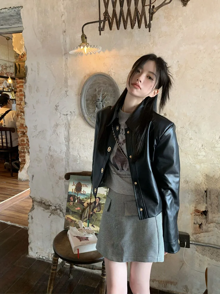 Zwarte PU lederen jassen dameskleding lange mouw kraag streetwear uitloper casual mode harajuku y2k jassen tops