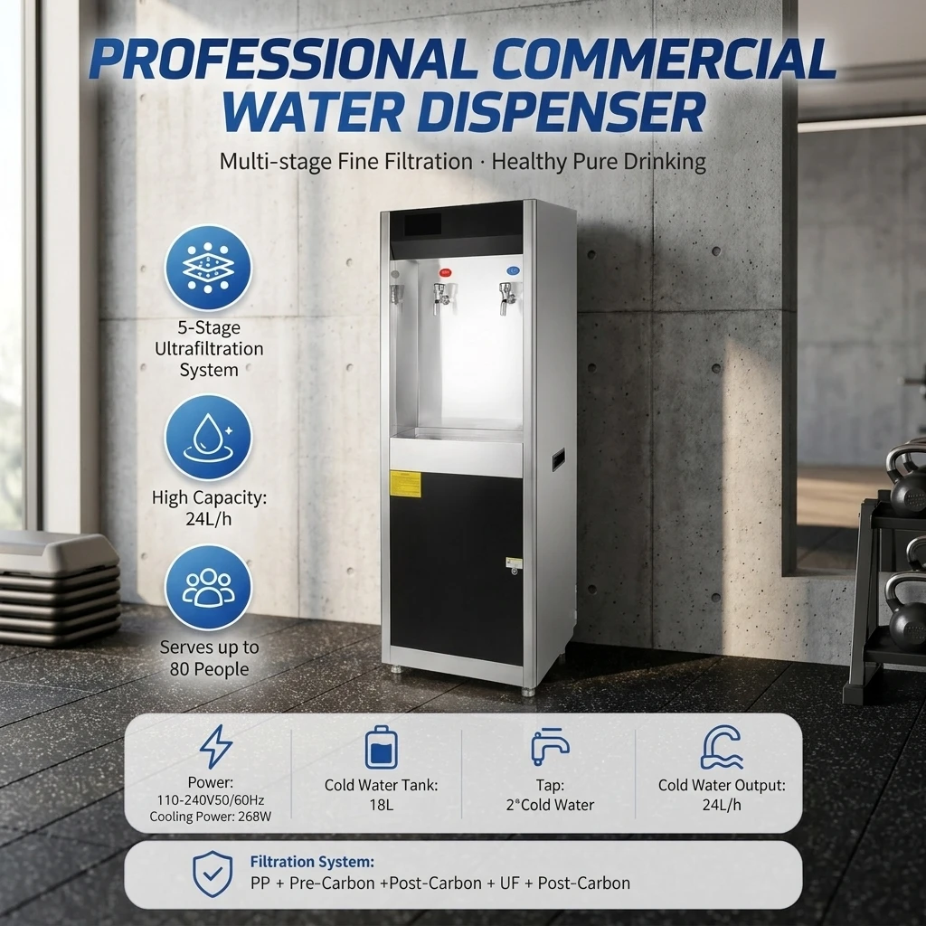 Stainless Steel Water Dispenser, Dual Faucets, 5-Gallon Floor Standing Tank, Cold Drinking Water for Canteen, Gym Use