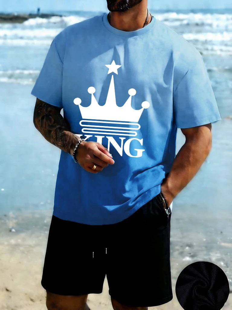 

King Crown Design Print Tie-Dye Male Sport T-Shirt Soft Jogging Short Set All-Match O-Neck Tee Unisex Fashion Drawstring Shorts