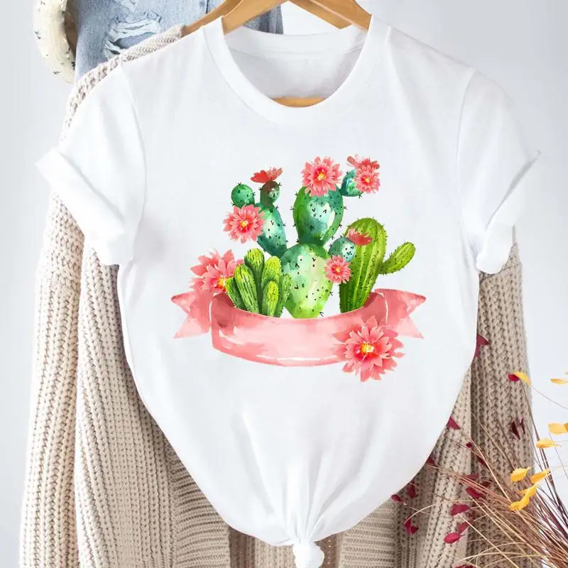 

Women Cactus Plant Flower Graphic Tees Printing Fashion Clothing Short Sleeve Cartoon Print Female Clothes Tops Tshirt T-Shirt