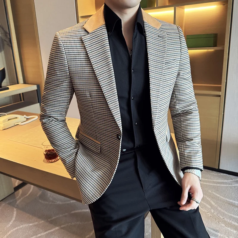 Luxury and Fashionable Men\'s Suit Jacket Blazer Business Slim Fit Lapel Plaid Dress Suit Wedding Groom Tailcoat Suit Jacket4XL-M