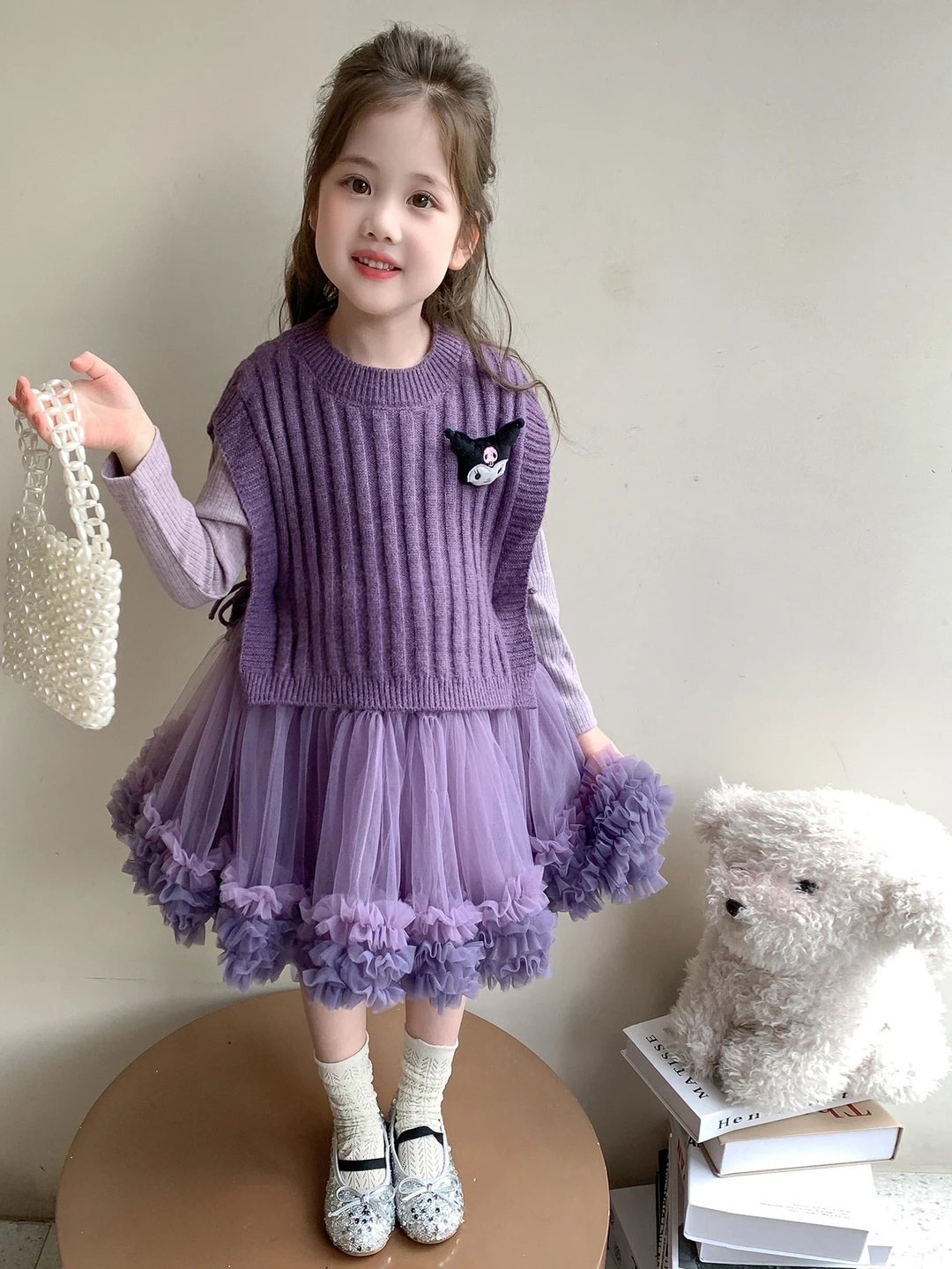 

Girls Knitted Vest Top Me Puffy Skirt Tee-piece Set Spring Faionable Princ Sle Children's Clothing Ensemble
