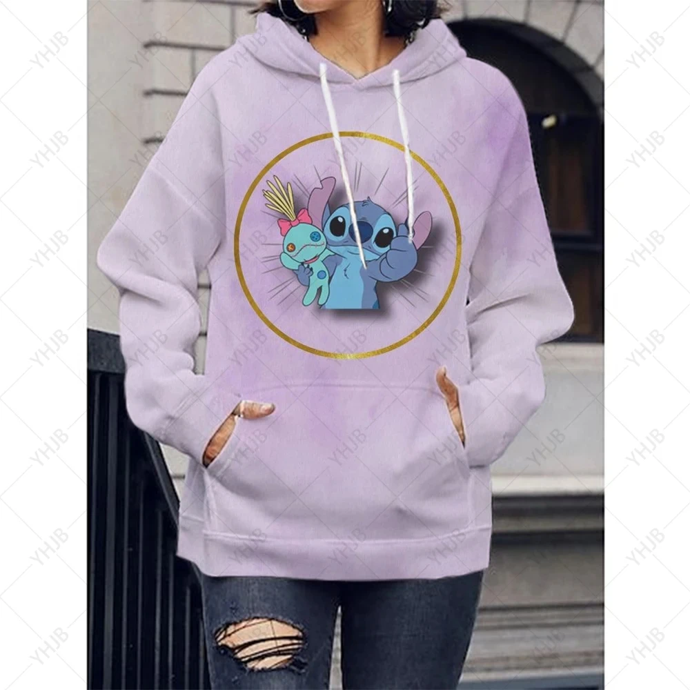 Disney-Hoodies Femininos Lilo e Stitch Cartoon, Ohana Stitch, Streetwear Gráfico Kawaii, Tops Unisex, Camisolas Anime Feminino