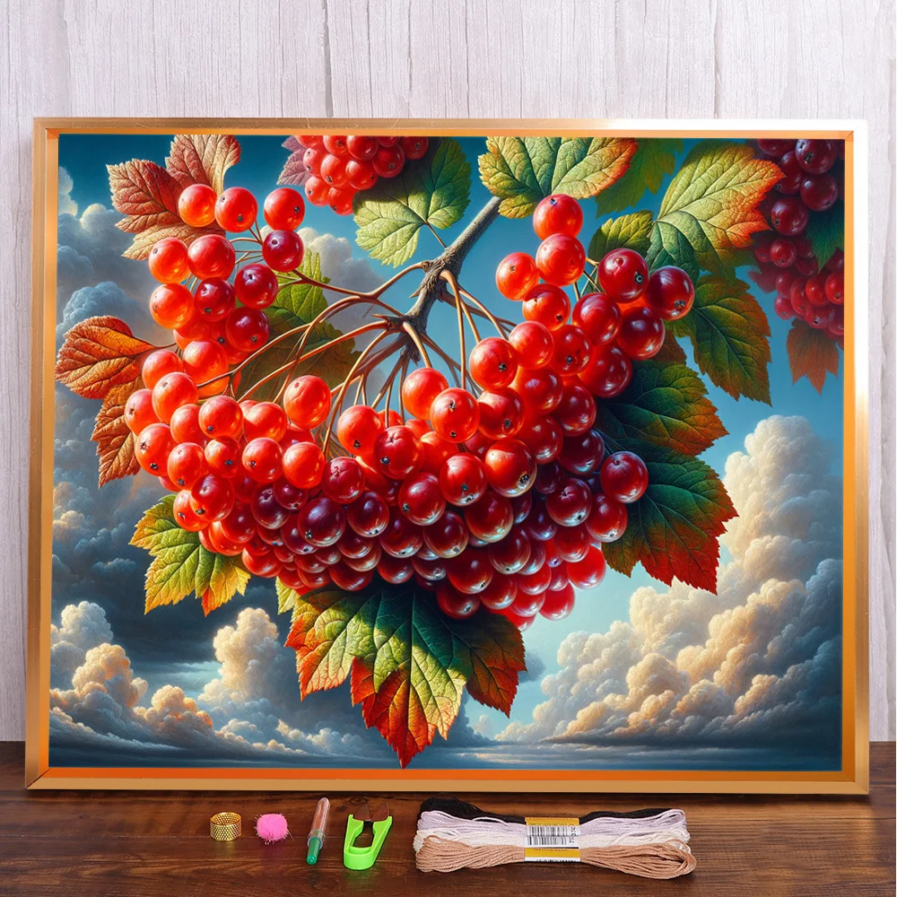 

Fruit Red Berry Cross Stitch DIY Embroidery Complete Kit Handiwork Handicraft Handmade Needlework Room Decor Design Wholesale