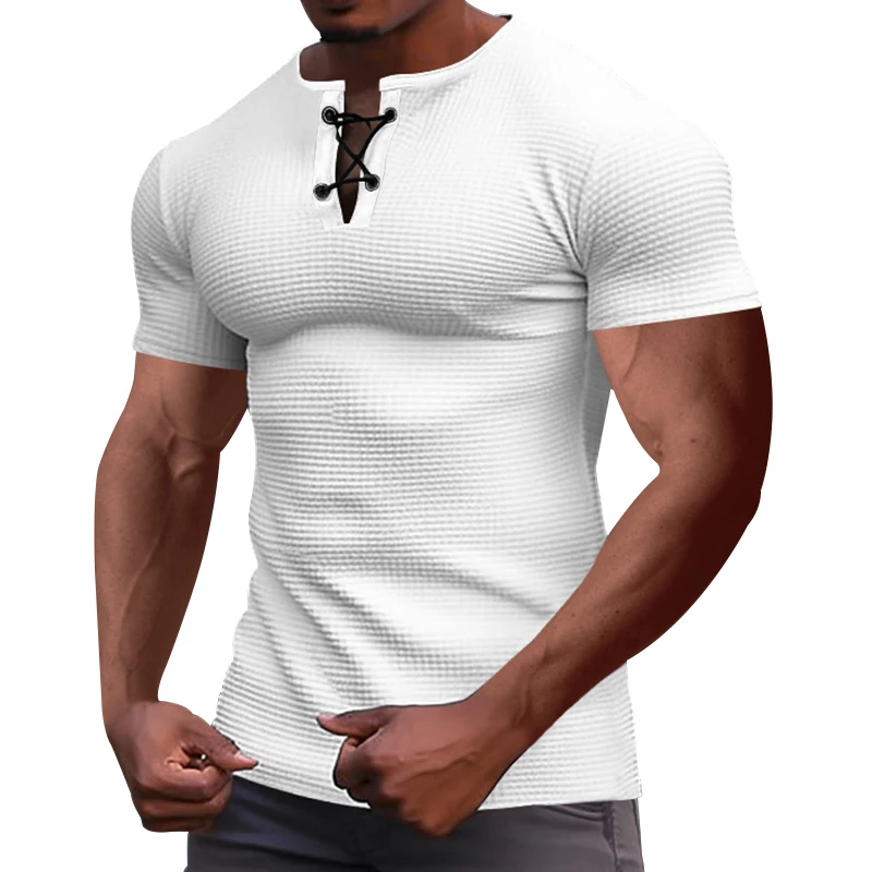 Summer Sports And Leisure Fashion Slim Breathable Men\'S Short Sleeve T-Shirt Tie Rope Henry Shirt Top