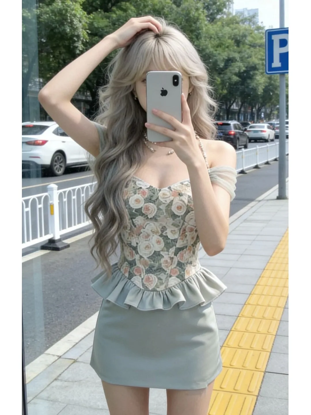 

French Style Pure Desire Lace Trim One Shoulder Floral Tube Top Tank Women's Summer Slimming Waist Cinched Sleeveless Shirt