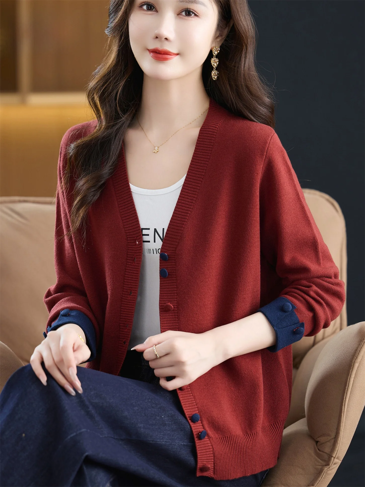 

Faionable V-Ne Knitted Woolen Coat Loose Base irt for Young Mothers Spring Autumn New Sle Casual Wear Easy Clean