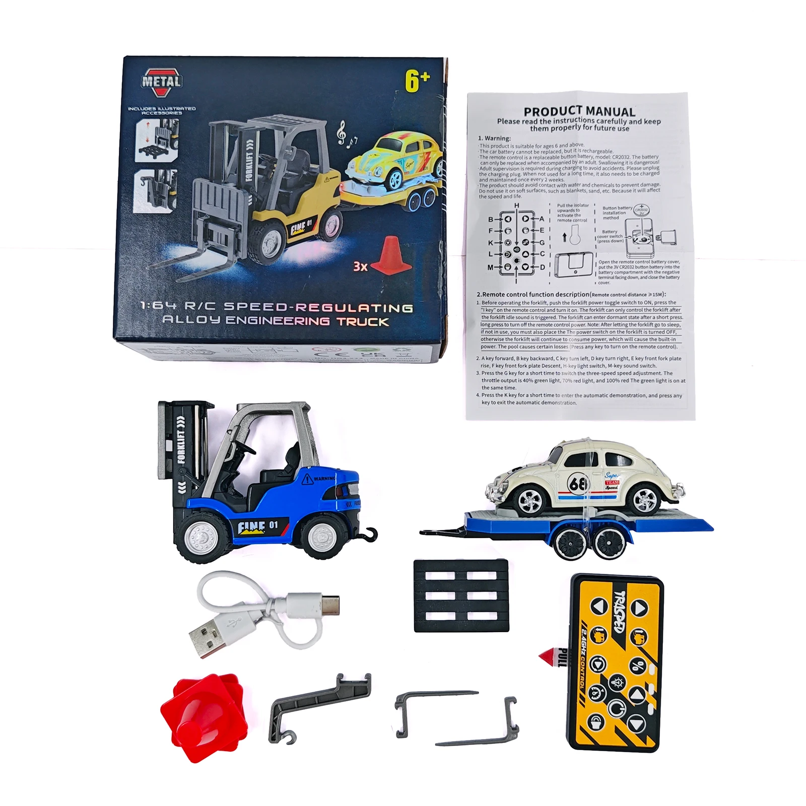 1/64 RC vorkheftruck 2-modus mini-afstandsbediening vorkheftruck 2-in-1 transformeerbare liftvork en haak met licht en geluid voor kinderen