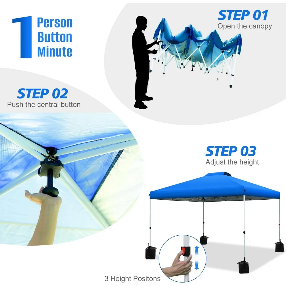 Pop up Canopy Tent 10x10ft, 1-Button Push Setup, Instant Portable Shelter, Adjustable Height, Portable Roller Bag, 4 Weight Bag