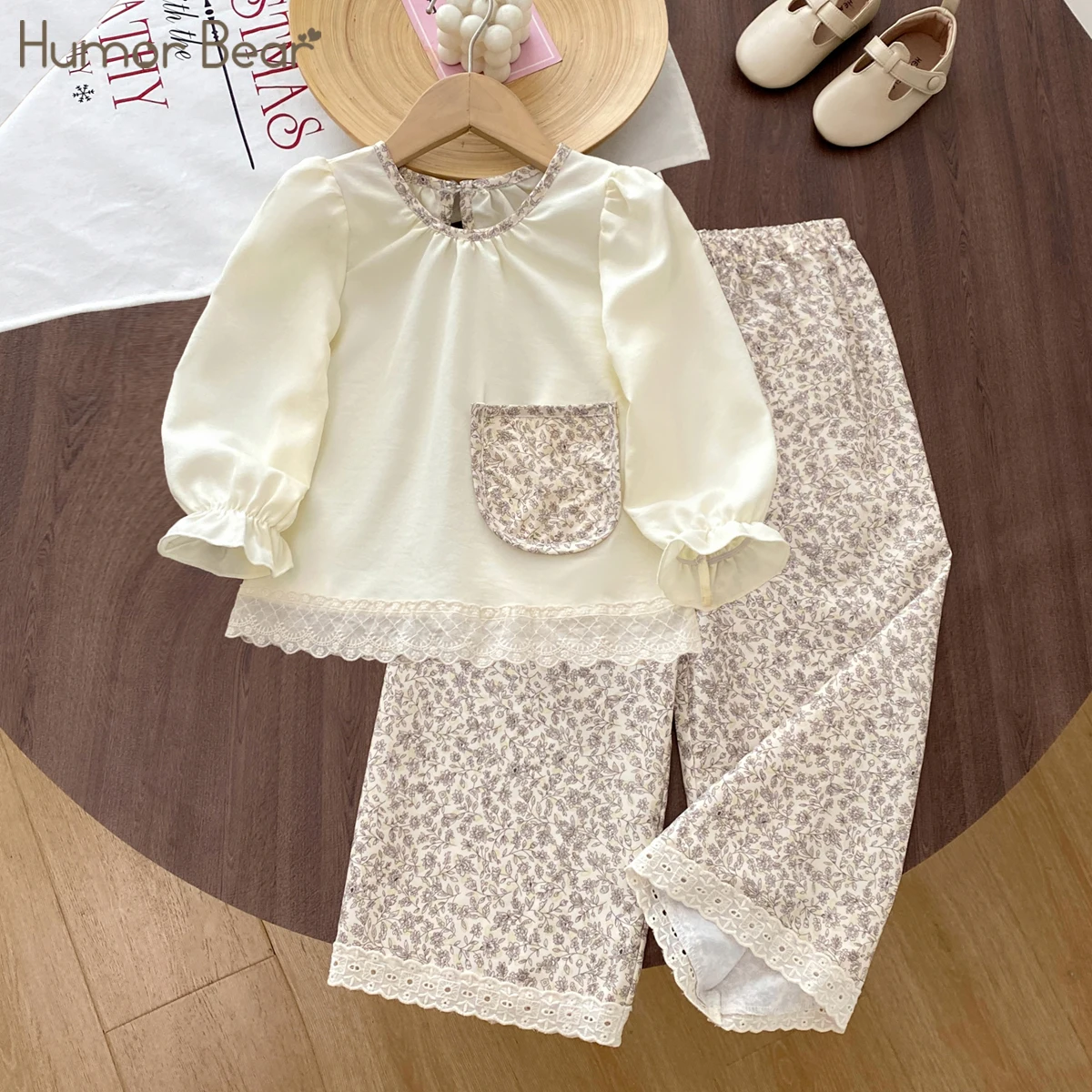 Humor Bear Kids Clothes Girls Autumn Fashion Pocket Lace Long-sleeved Top Floral Wide-leg Pants 2-piece Sets Children's  Clothes