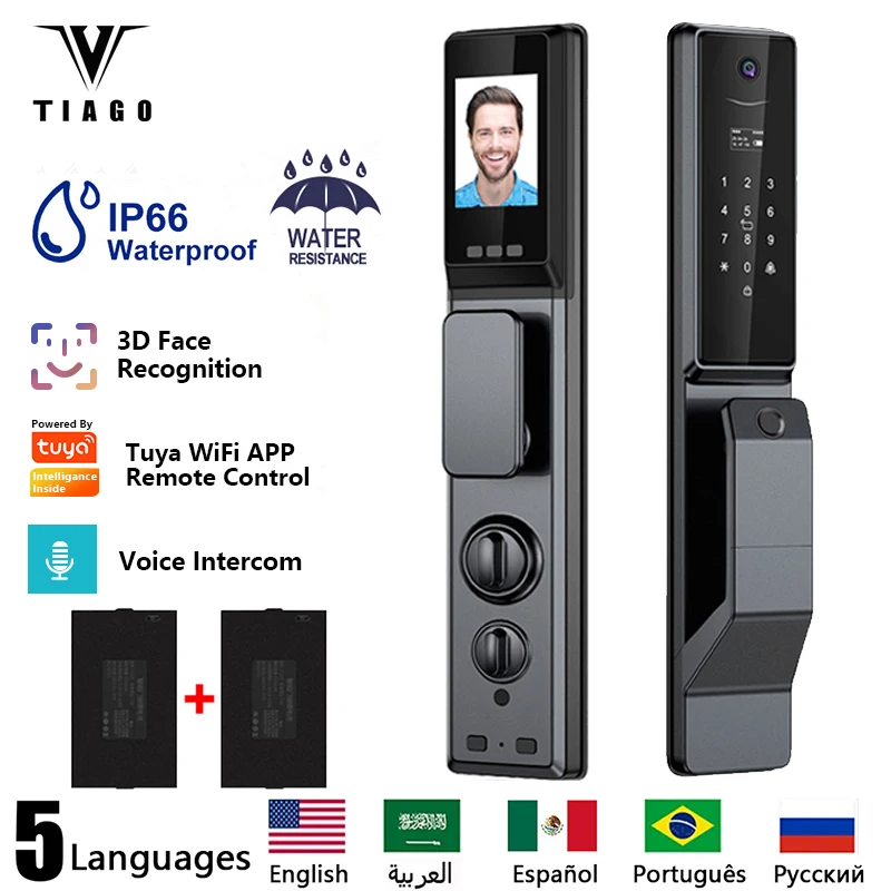 Outdoor waterproofing Face Fingerprint Password Smart Door Lock With Camera WiFi Tuya APP Remote Voice Intercom Electronic Lock