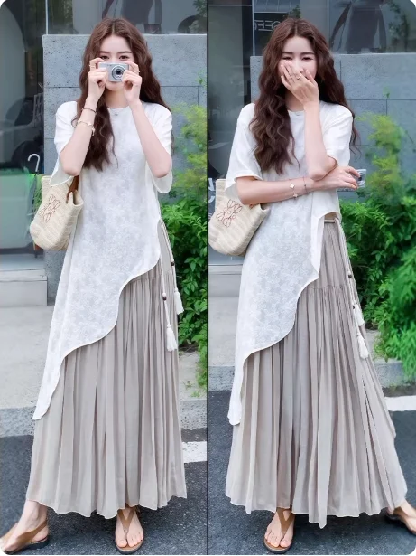 

Summer New Style plus Size Lace Pure Color Cover up Fashionable Versatile Top Asymmetrical Hem Commute Style Korean Version