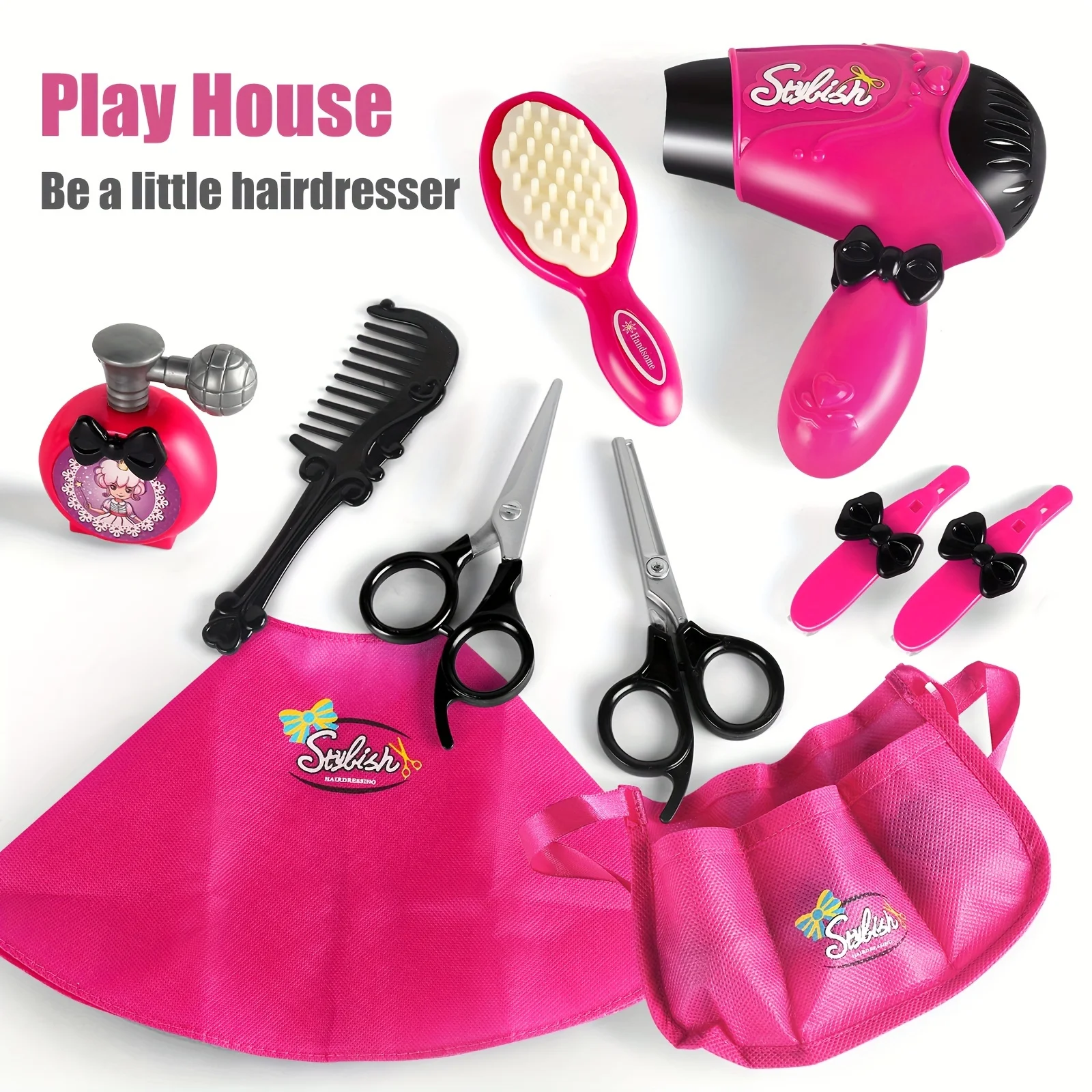 Pretend Play Toy Set para Meninas, Salão de beleza, Secador de cabelo, Barbeiro Avental, Styling Acessórios, Perfeito para Brincar Imaginativo