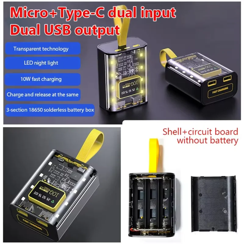 18650 Battery Charger Case Fast Charging DIY Portable Mini Power Bank Digital Display Box Mobile Power Supply With Night Light