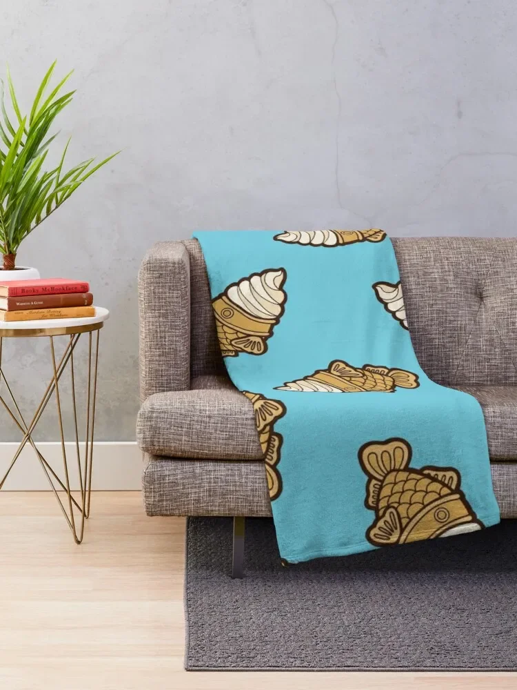 Taiyaki Icecream Fish Pattern on Blue Throw Blanket Custom christmas decoration Blankets