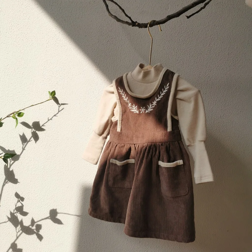 Vinatge Baby Corduroy Sleeveless Dress Autumn Winter Little Girls Sundress and Long Sleeve Tops Two Piece Set Children Dresses