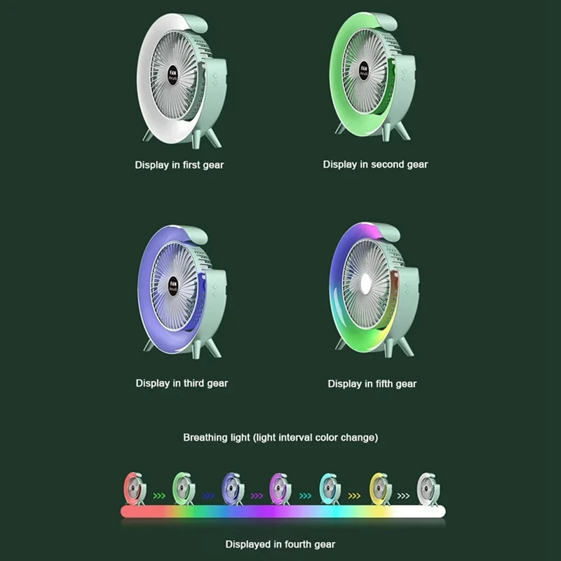 Портативный вентилятор USB Перезаряжаемый вентилятор LED 7-цветный электрический вентилятор 180 ° Регулируемые походные вентиляторы 3-скоростной мини-настольный вентилятор