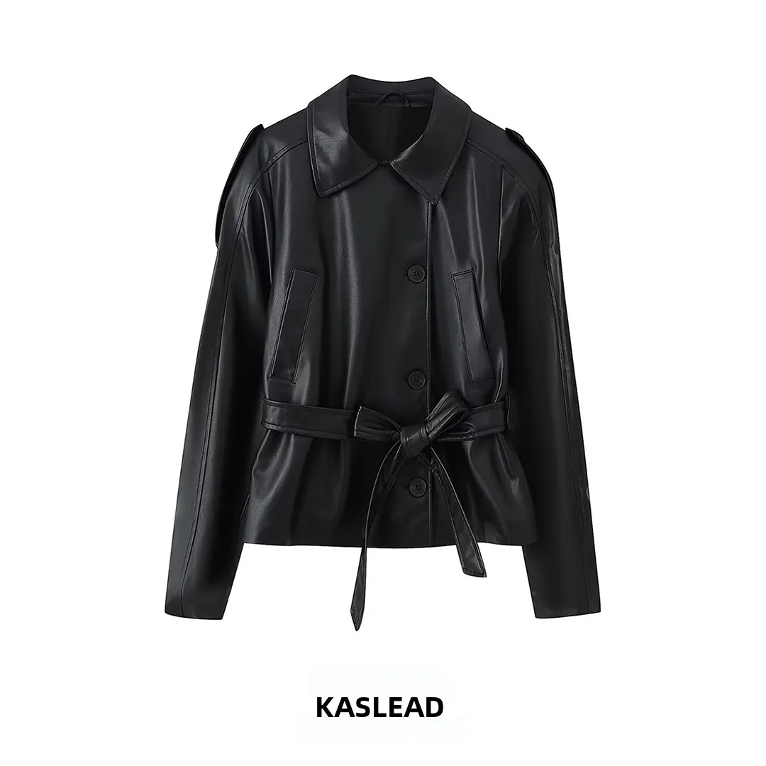 KASLEAD معطف نسائي جديد من الجلد ذو مظهر جلدي من KASLEAD معطف متعدد الاستخدامات للسيدات لموسم الخريف