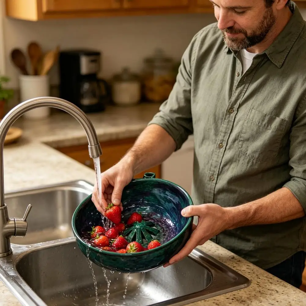 Ceramic Berry Washer Rotating Berry Rinsing Bowl Automatic Berry Washing Bowl with Quick Drain System Self-spinning Fruit