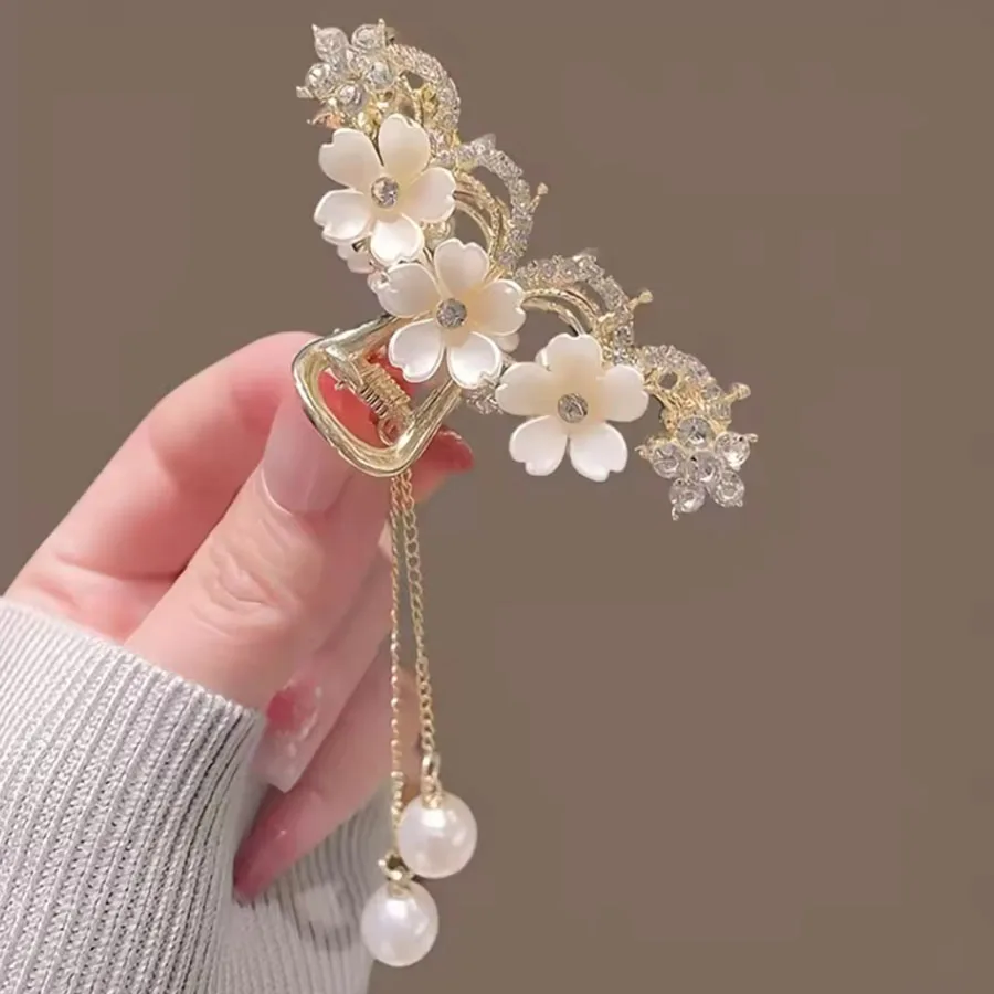 1PC Fashion Hair Clip Elegant Exqusite Crystal Flower Pearl Tassel Hair Claws For Women Girls Party Ponytail Hair Accessories