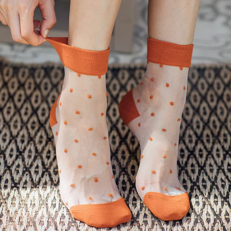 Polka Dot Crystal Silk Socks Women Summer Ultra-thin Transparent Elastic Long Socks Japanese Korean Fashion Vintage Women Socks