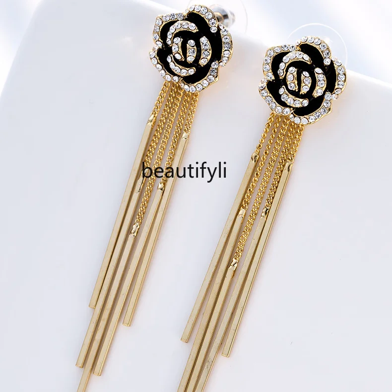 Flower tassel earrings temperament socialite earrings sterling silver earrings women's high sense