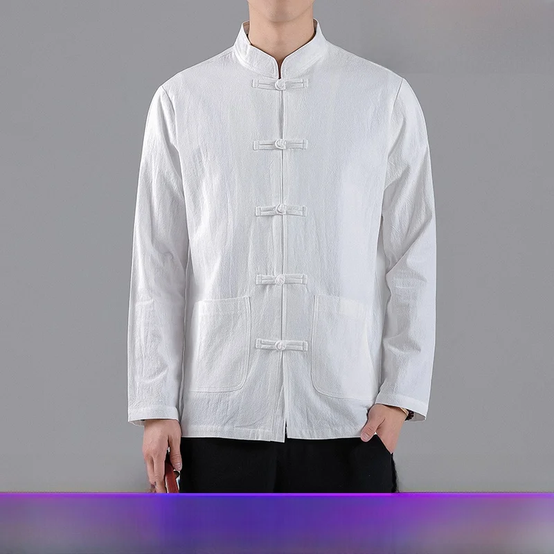 

Chinese Style Long Sleeve Shirt Standard Fit Youth Pure Color Button Detail No Iron Treatment Workwear for Tea Artist Foo...