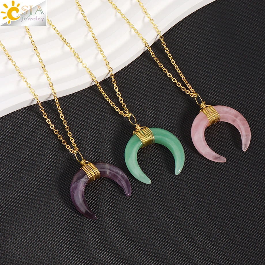 Natural Stone Crescent Moon Necklace for Women Reiki Pink Quartz Crystal Pendant Gold Color Stainless Steel Chain Necklaces H276