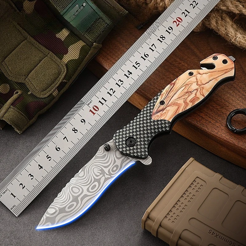 Multi-purpose Folding Knife Damascus pattern blade, Outdoor Portable EDC Pocket Knife Camping Fishing, Hiking, Survival Knives