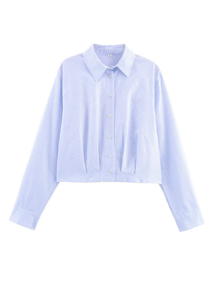 

HH женская мода 2025 года, универсальная плиссированная короткая рубашка в полоску с талией, женская элегантная однобортная рубашка с длинными рукавами и лацканами