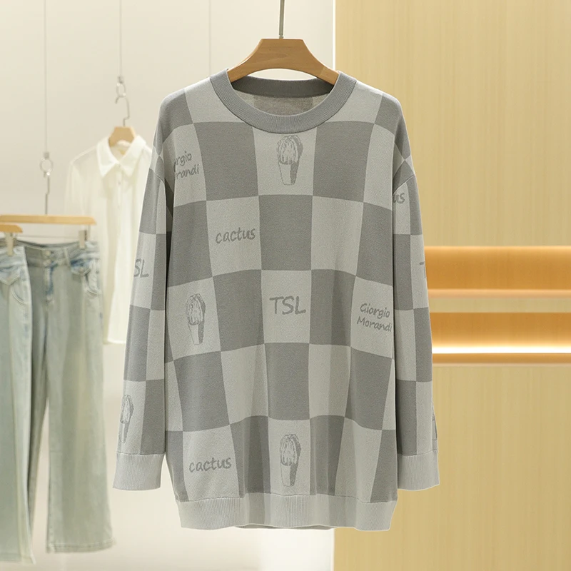 

Faionable round Ne Plaid Print Loose Long Sve Knitted Sweater Casual Top Women Autumn New Sle Comfortable Knitwear