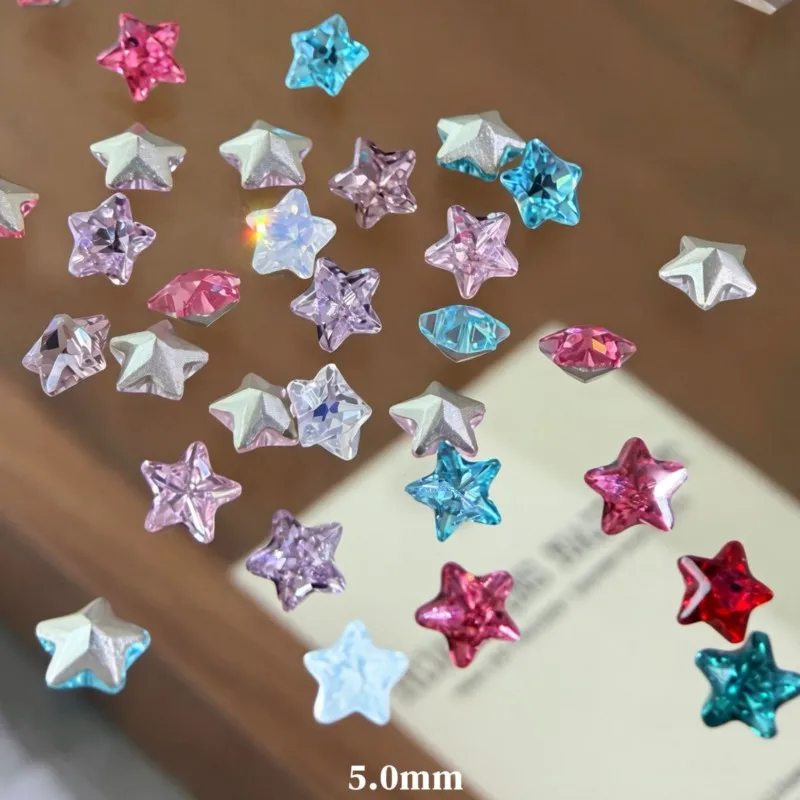 10Pcs 5mm Pointed 3D Five‑Pointed Star K9 Crystal Nail Charms Multicolor Sparkly Sharp Stars Gems Rhinestones Manicure Ornaments