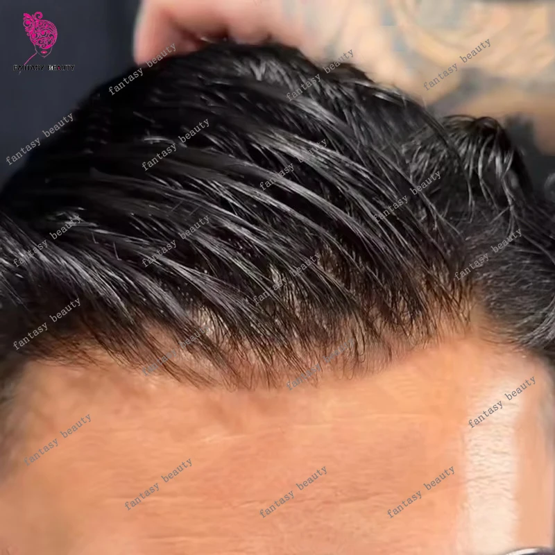 

Undetectable Natural Hairline 30mm Wavy Men Human Hair Wigs Men Silicon Toupee Super Durable 0.1mm Injection Skin Base Hairpiece