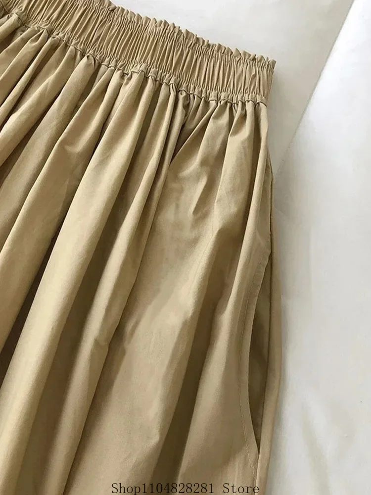 Women White Long Skirt Fashion Pockets Pleated Knee Length Skirts Autumn 2024 New Casual Elegant High Waist A Line Femme Skirts