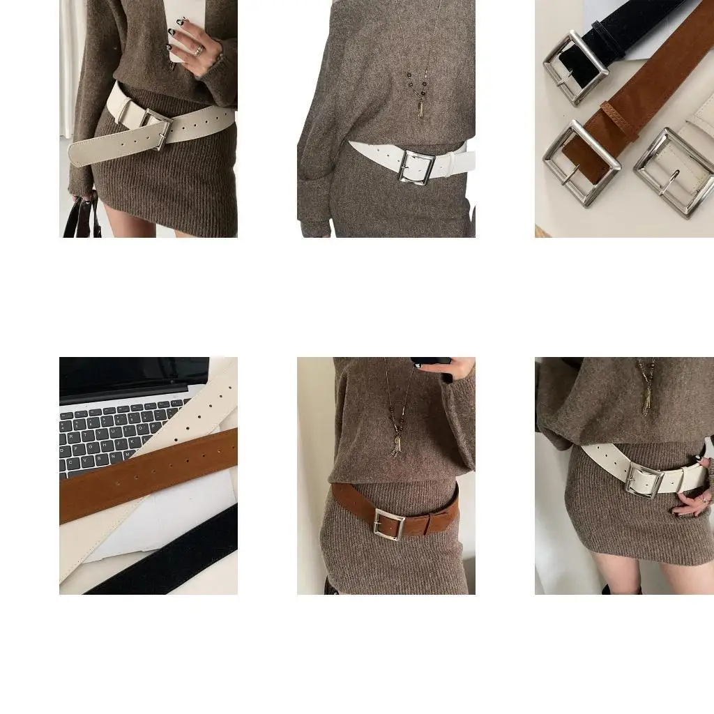 

39BD StylishPU Leather Waistband Square Buckle Belt Wide Sash for Lady Girls Women